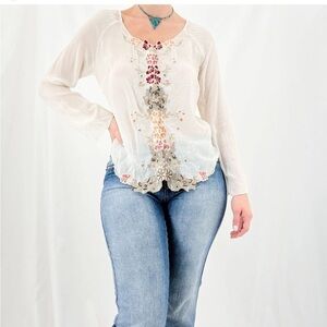 J.Jill Boho Semi sheer long sleeve blouse with floral embroidery size small T150